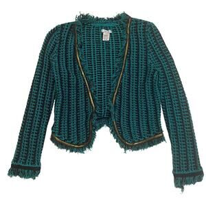 Y2K Cache Cropped Woven Cardigan S | Fringe Trim, Metallic Gold Trim, Vintage